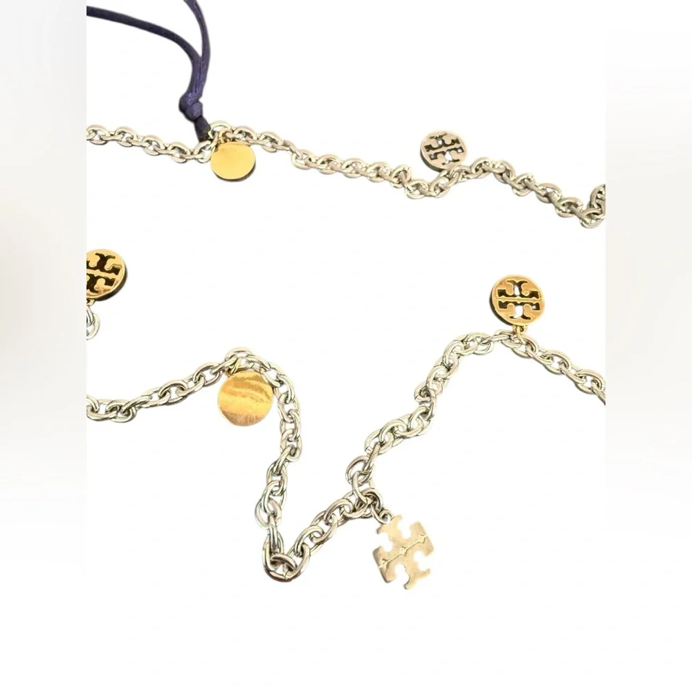 TORY BURCH Silver and Gold-Tone Long Logo Elegant Necklace with Dust Bag